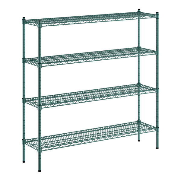 A green metal wire shelving unit with four shelves and metal posts.