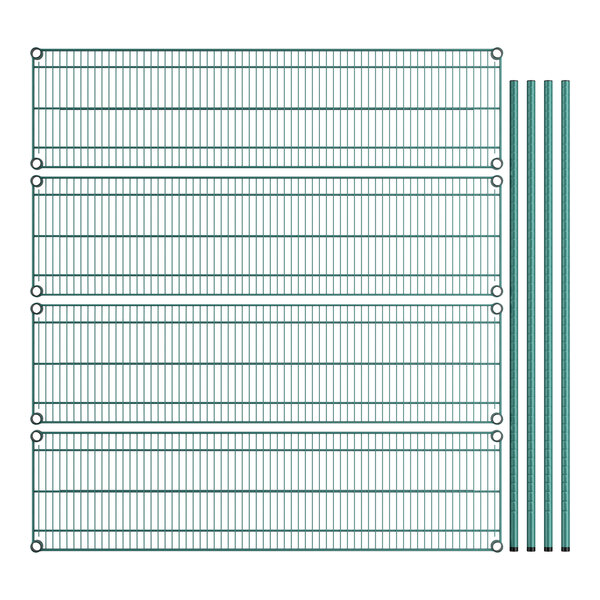 A Regency green wire shelving kit with four shelves.