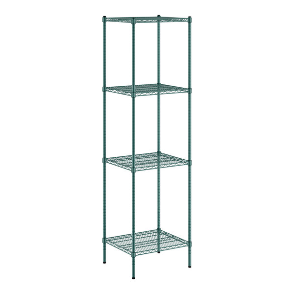 A Regency green wire shelving unit with four shelves.