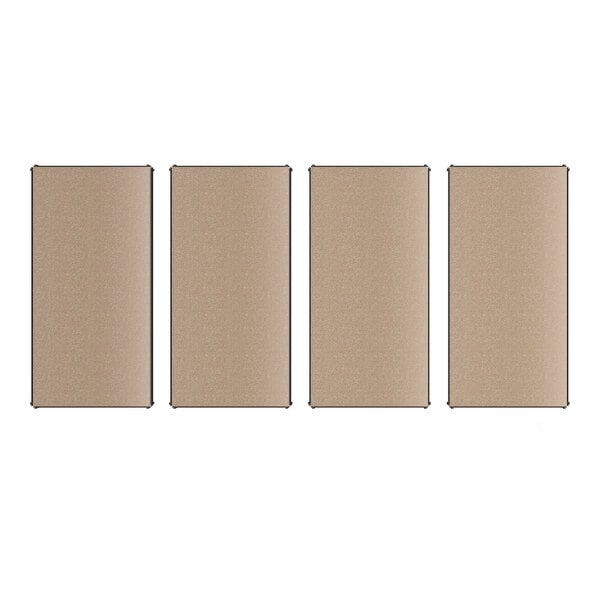 A set of four beige rectangular particleboard shelves.