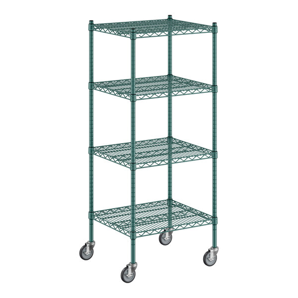 A green Regency wire shelving unit with casters.