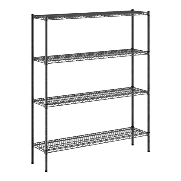 A black wire shelving unit with four shelves.