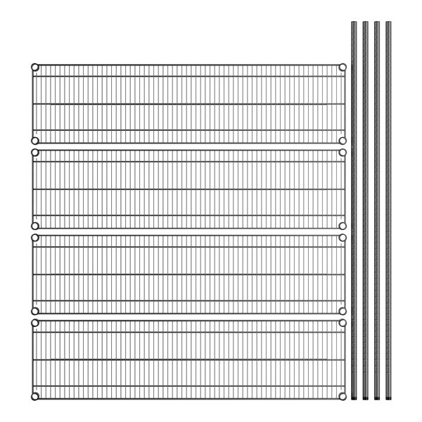 A wire rack with four shelves and several rods.