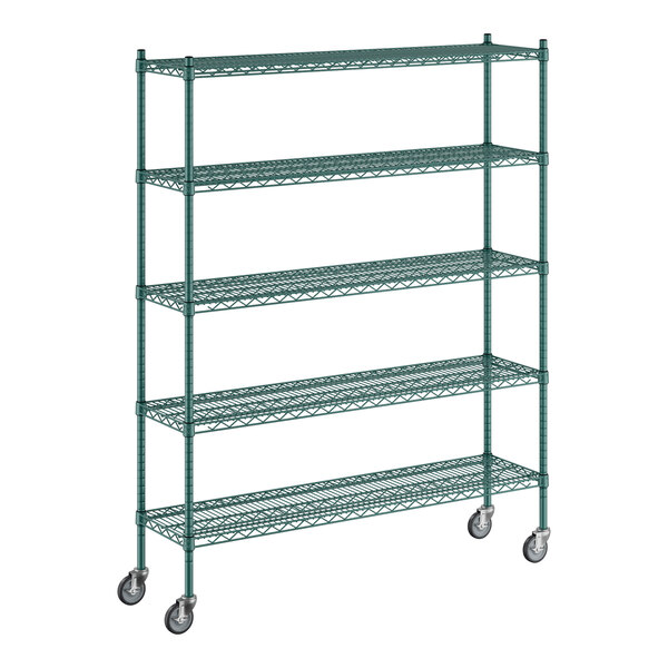 A green Regency wire shelving unit with five shelves.