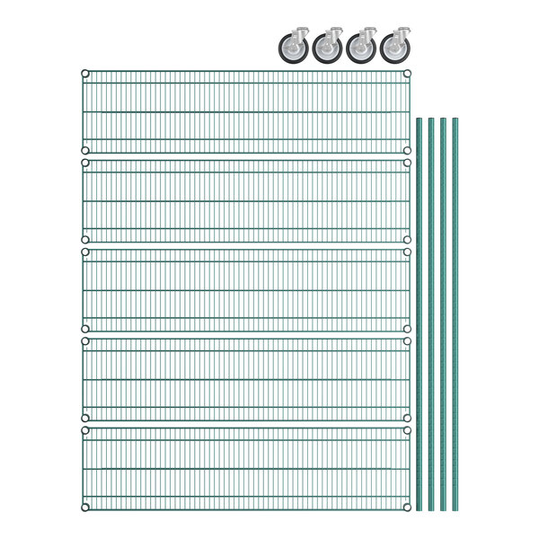 A green wire shelf kit with wheels and metal rods.