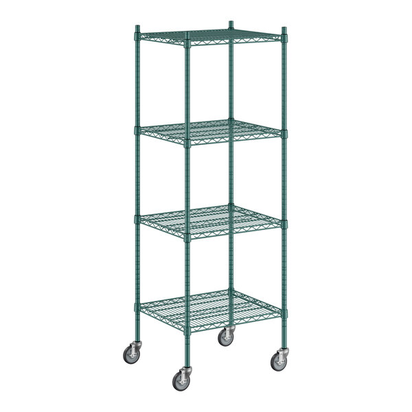 A green metal wire shelving unit with wheels.