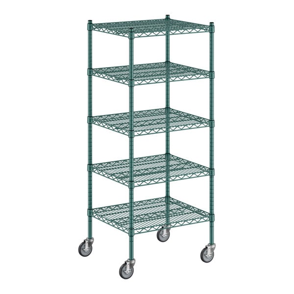 A green Regency wire shelving unit with casters.