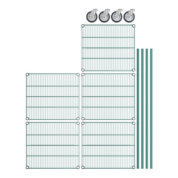 A Regency green wire shelving kit with casters.