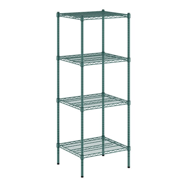 A green wire shelving unit with four shelves.