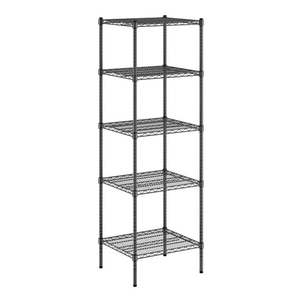 A Regency black wire shelving unit with four shelves.