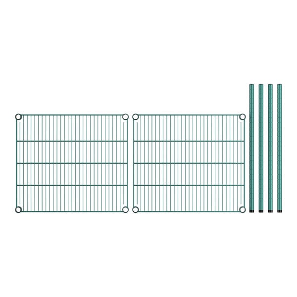 A close-up of a green wire shelf with two green columns.