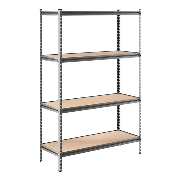 A black metal Lavex boltless shelving unit with brown shelves.