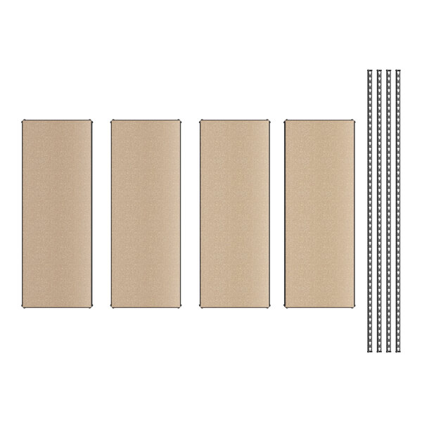 A Lavex black boltless shelving unit with rectangular particleboard shelves and metal bars.