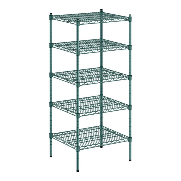 A green wire shelving unit with five shelves.