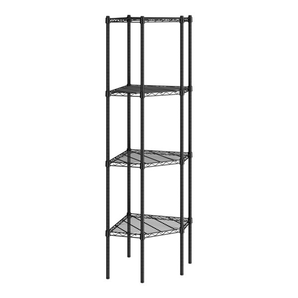 A black epoxy wire pentagon corner shelving unit with four shelves and tall posts.