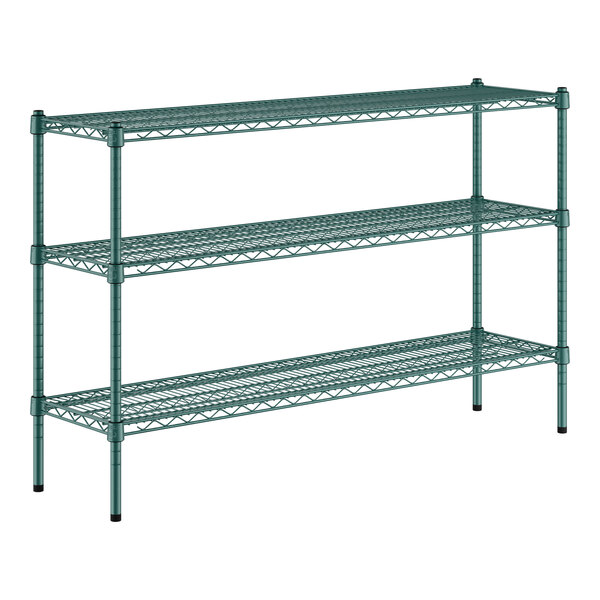 A Regency green wire shelving unit with three shelves.