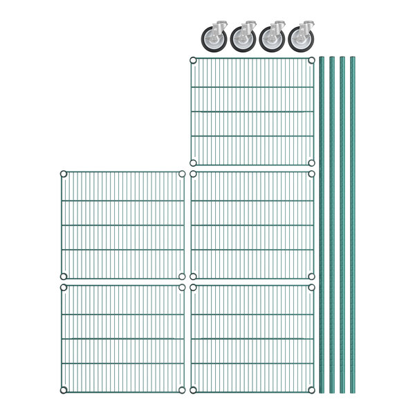 A Regency green wire shelving kit with wheels.