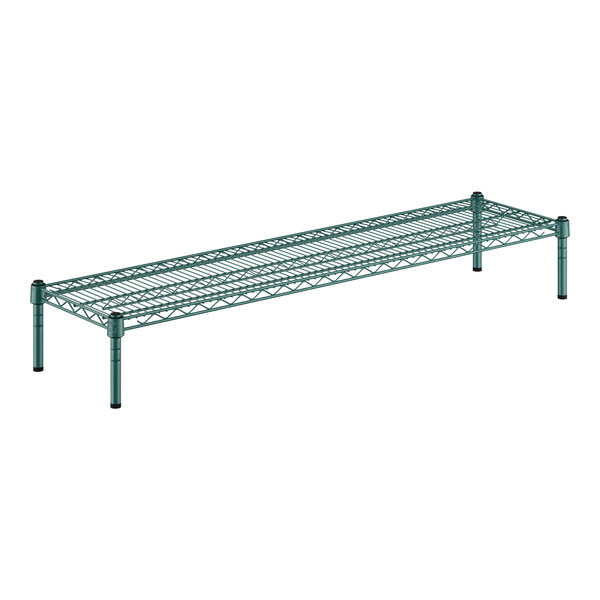 A Regency green metal dunnage shelf with black legs.