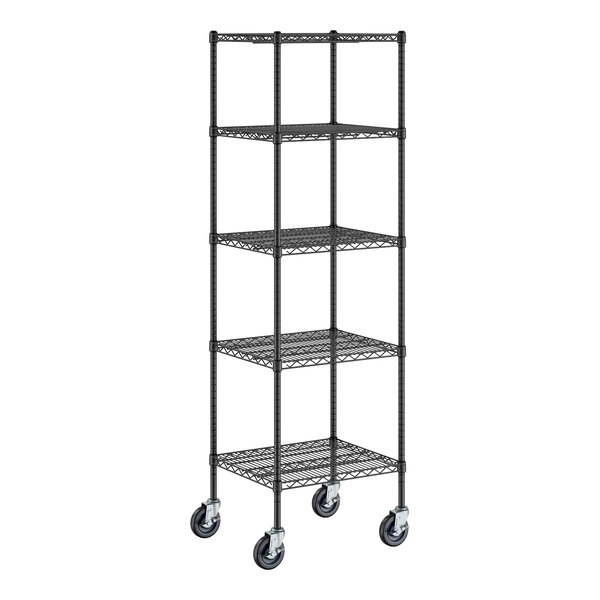 A black metal Regency wire shelving unit with wheels.