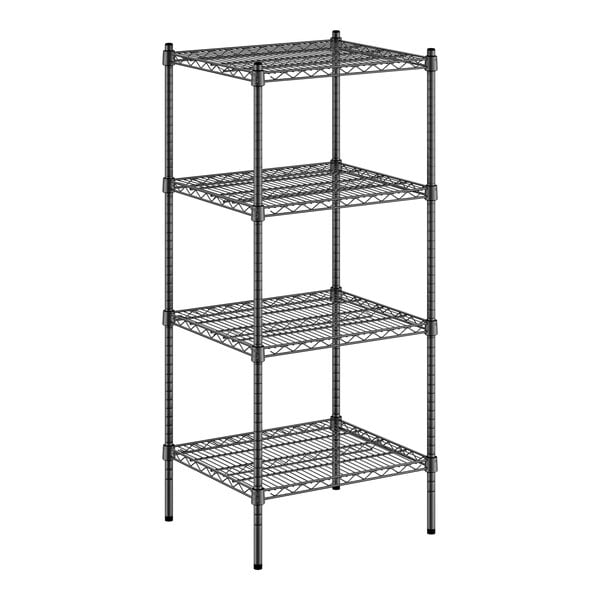 A black wire shelving unit with four shelves.