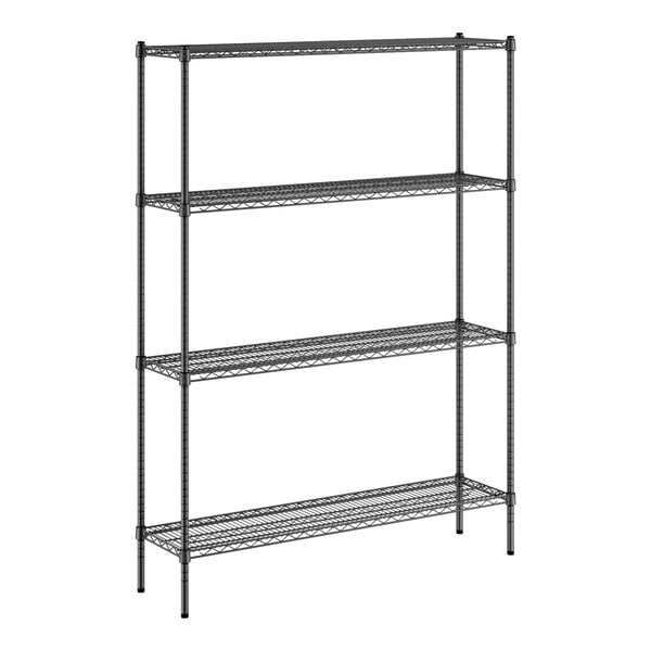 A black metal wire shelving unit with four shelves.