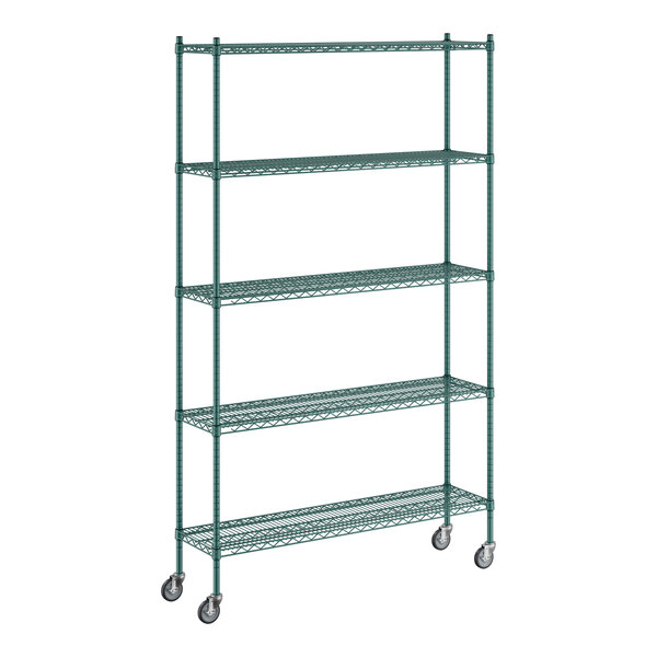 A green metal wire shelving unit with casters.