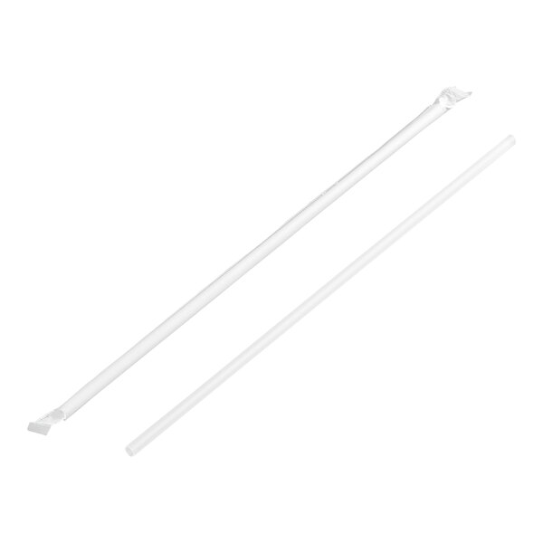 A clear plastic drinking straw with one straw shown individually wrapped in paper.