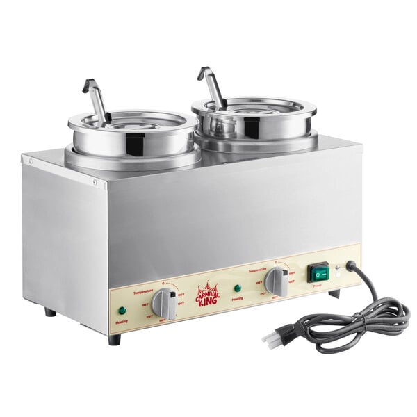 A Carnival King double condiment warmer machine on a countertop with two pots inside.