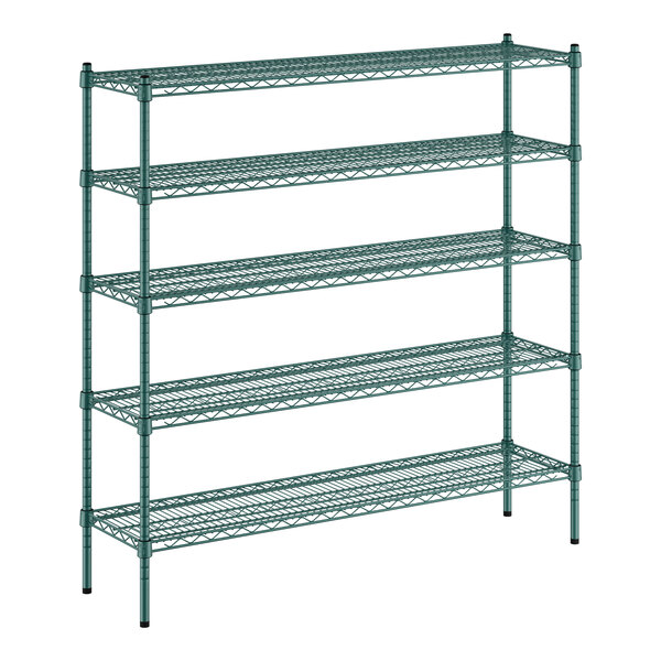 A green metal wire shelving unit with five shelves.