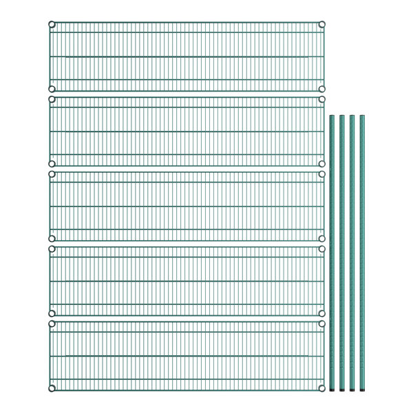 A close-up of a green wire shelf with poles.
