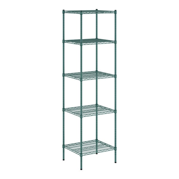 A green Regency wire shelving unit with five shelves.