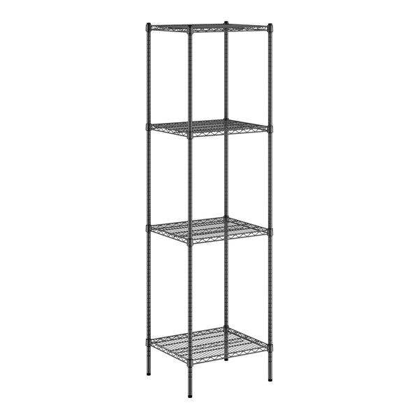 A black wire shelving unit with four shelves.