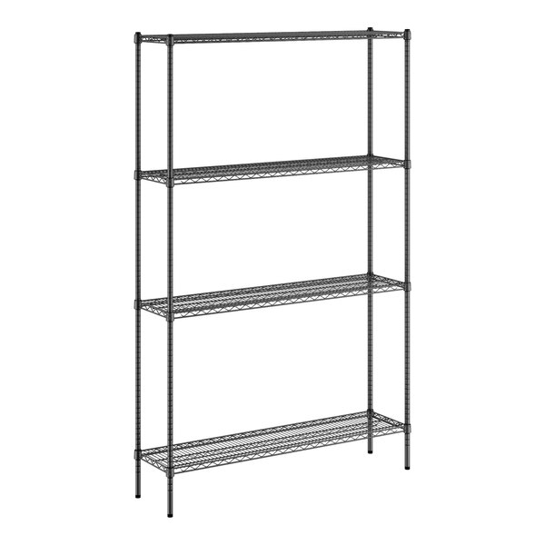 A black wire shelving unit with four shelves.