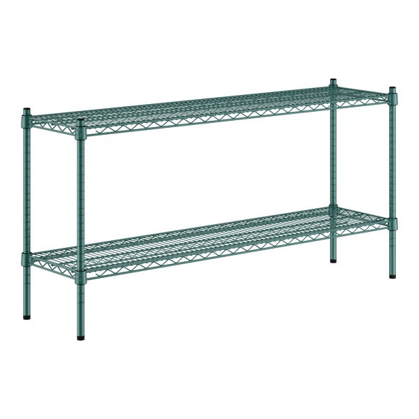 A green metal wire shelving unit with two shelves.