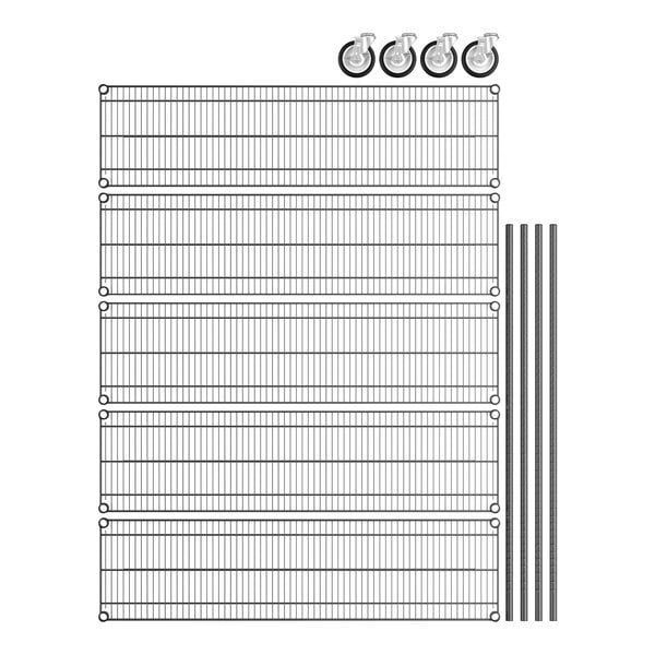 A diagram of a black wire shelf kit with wheels and 5 shelves.