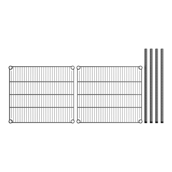 A pair of black wire shelves on black wire posts.