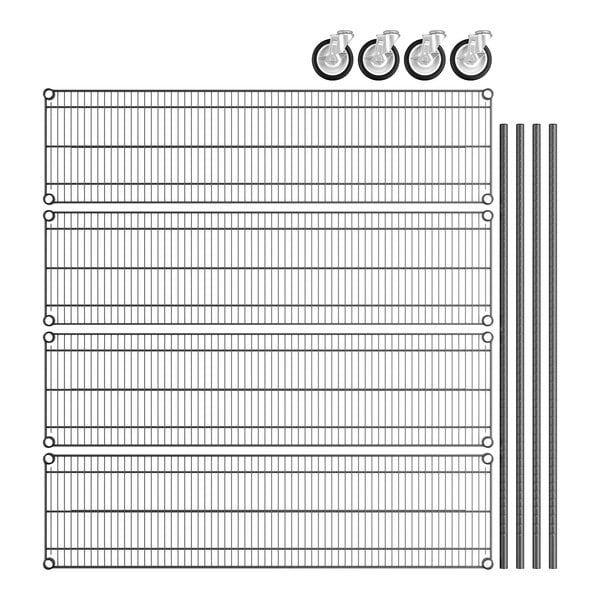 A black wire shelf kit with wheels.