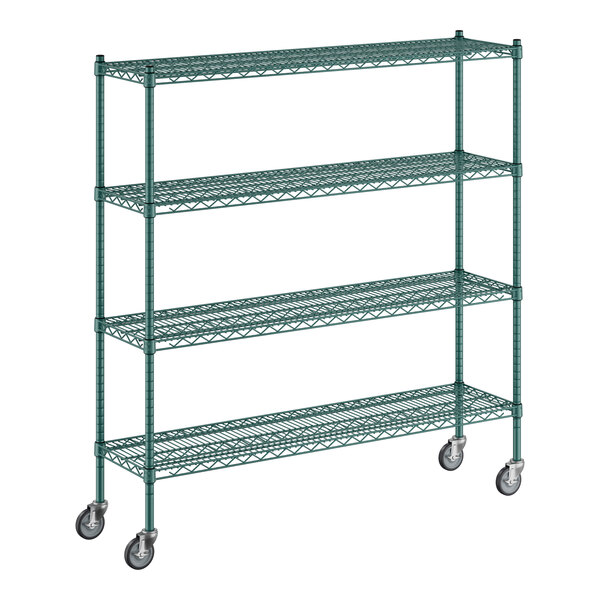 A green metal wire shelving unit with casters.