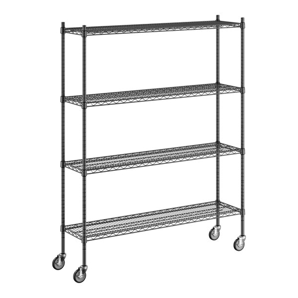 A wireframe of a black Regency wire shelving unit with wheels.