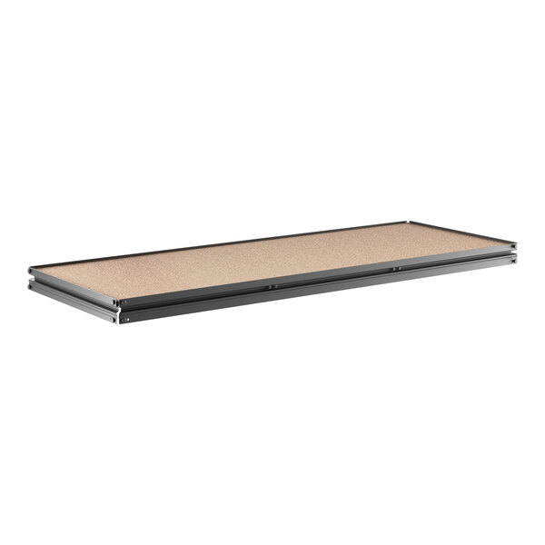 A rectangular black particleboard shelf with a black metal frame.