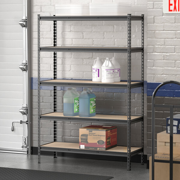 A Lavex black Z-beam boltless shelf with containers on it.