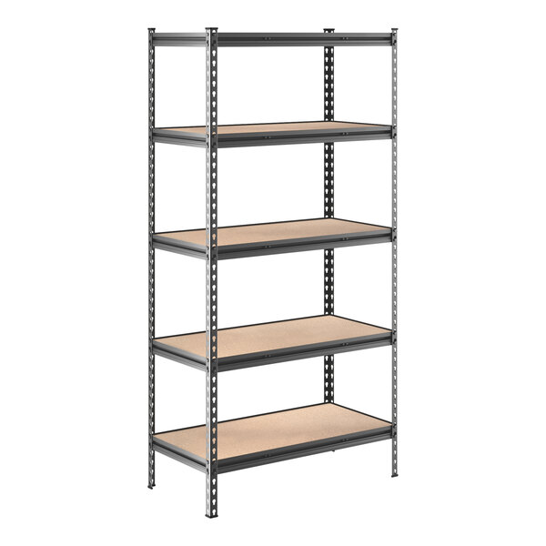 A black Lavex boltless metal shelving unit with brown particleboard shelves.