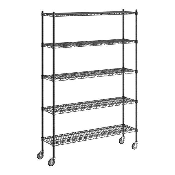 A black Regency wire shelving unit with wheels.