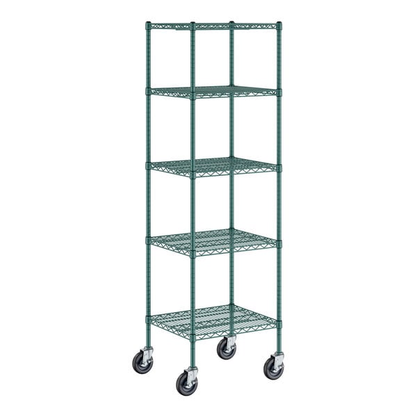 A green metal wire shelving unit with casters.