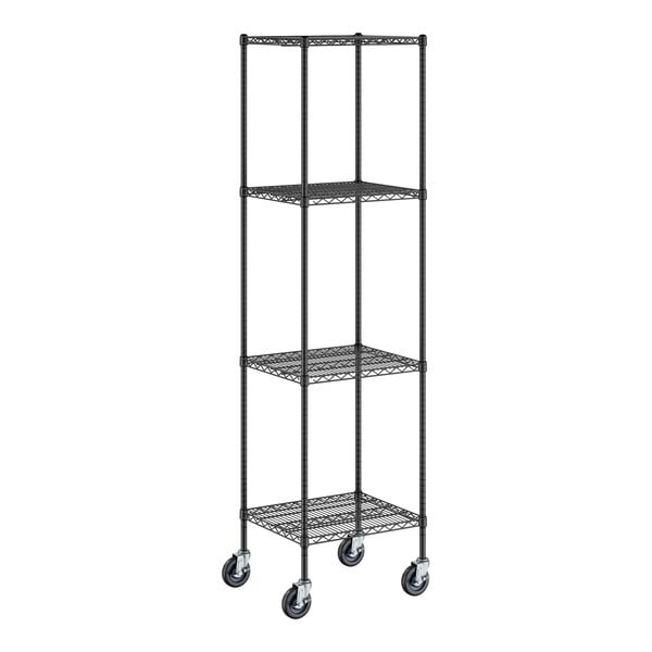 A black metal wire shelving unit with wheels.