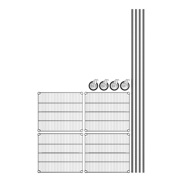 A black wire shelving unit with four shelves and posts.