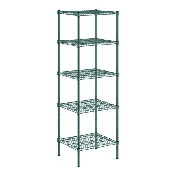 A green wire shelving unit with five shelves.