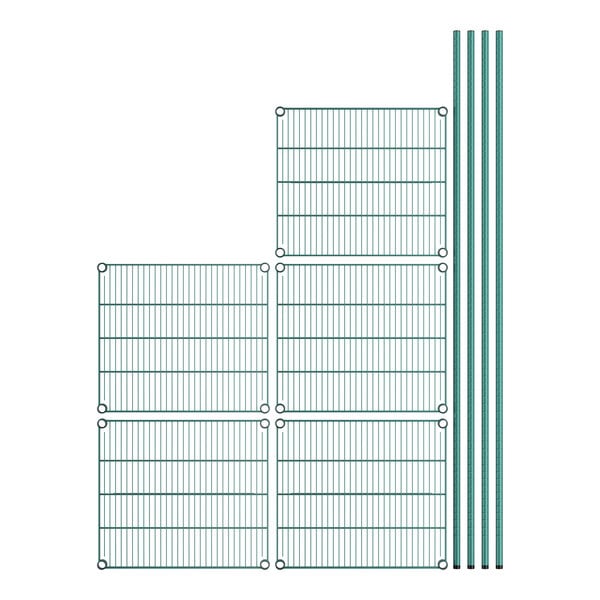 A close-up of a green and blue grid with several rows of metal rods.