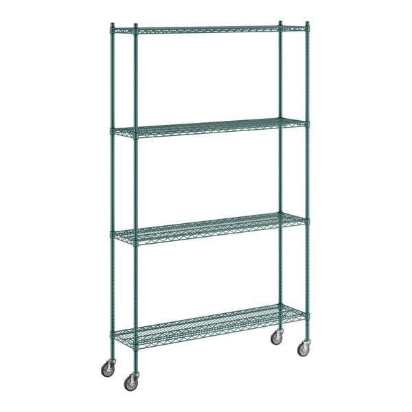 A green Regency wire shelving unit with four shelves and casters.