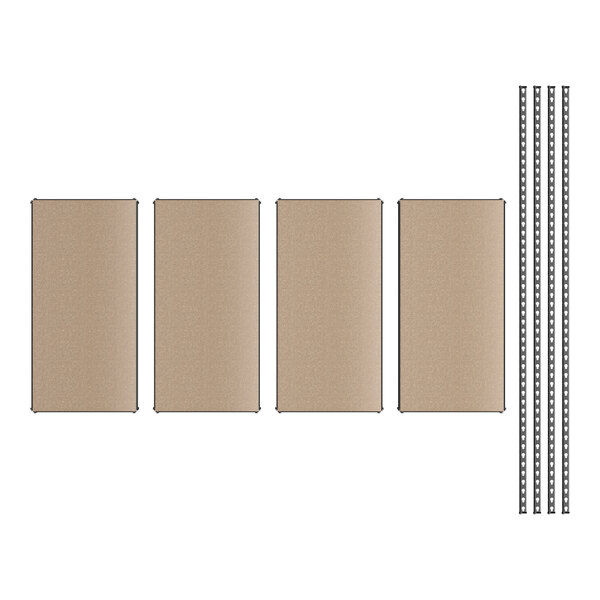 A row of Lavex black boltless rectangular shelving units with metal bars and tan particleboard shelves.